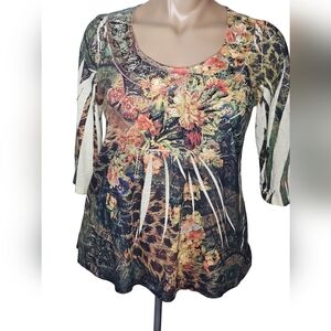 B.L.E.U Multi-Color Floral Pullover Top With 3/4 Length Sleeves, Women's Size 2X